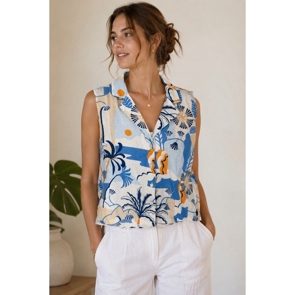 Nicole Miller New York Blouse Button Shirt Sz M 100% Linen Tropical Resort Beach